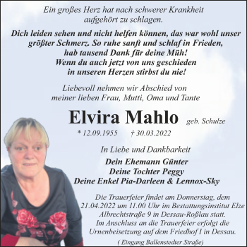 Traueranzeige von Elvira Mahlo von Trauerkombi Dessau
