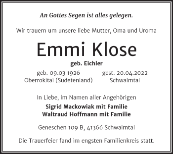 Traueranzeige von Emmi Klose von Super Sonntag Mansfelder Land