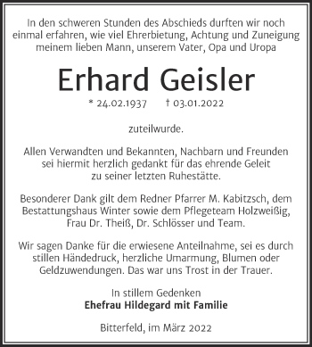 Traueranzeige von Erhard Geisler von Trauerkombi Bitterfeld