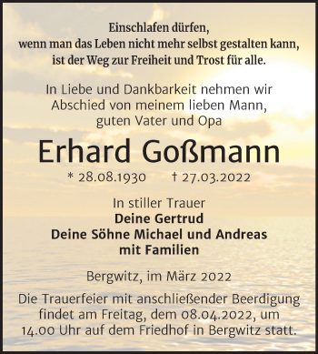 Traueranzeige von Erhard Goßmann von Trauerkombi Wittenberg