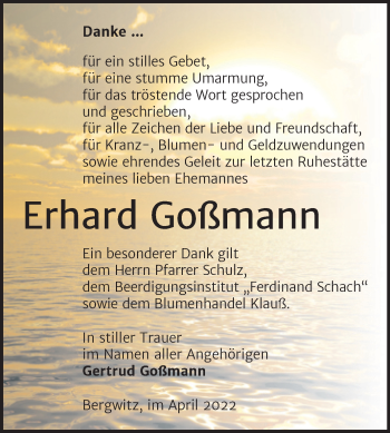 Traueranzeige von Erhard Goßmann von Trauerkombi Wittenberg
