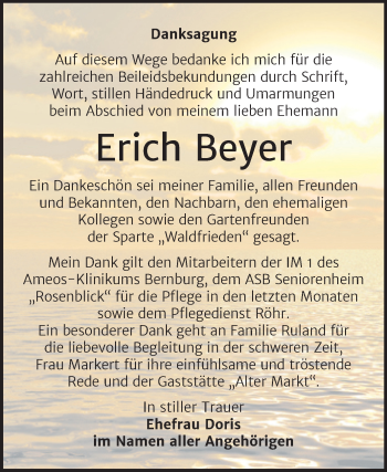 Traueranzeige von Erich Beyer von Trauerkombi Bernburg