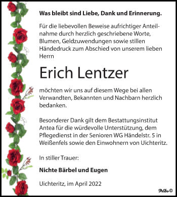 Traueranzeige von Erich Lentzer von Trauerkombi Weißenfels