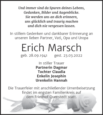 Traueranzeige von Erich Marsch von Trauerkombi Aschersleben
