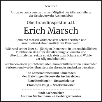 Traueranzeige von Erich Marsch von Wochenspiegel Aschersleben