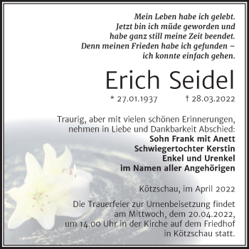 Traueranzeige von Erich Seidel von Trauerkombi Merseburg