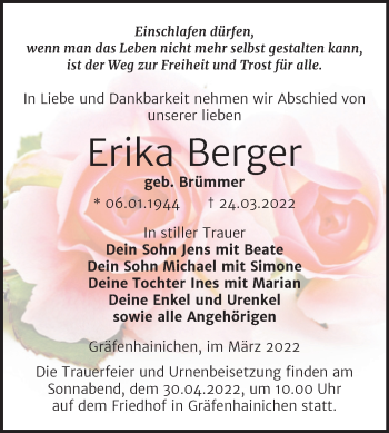 Traueranzeige von Erika Berger von Trauerkombi Wittenberg