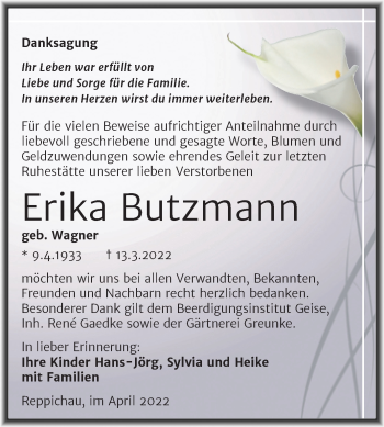 Traueranzeige von Erika Butzmann von Trauerkombi Köthen