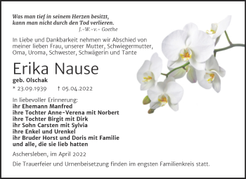 Traueranzeige von Erika Nause von Trauerkombi Aschersleben