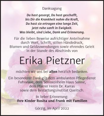 Traueranzeige von Erika Pietzner von Trauerkombi Köthen