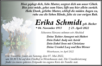 Traueranzeige von Erika Schmidt von Trauerkombi Quedlinburg