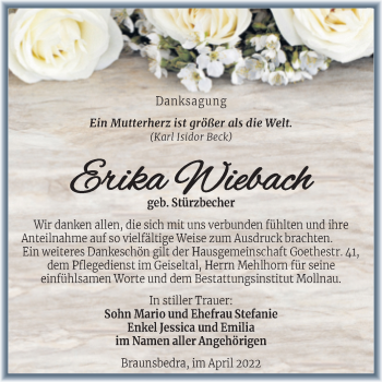 Traueranzeige von Erika Wiebach von Trauerkombi Merseburg