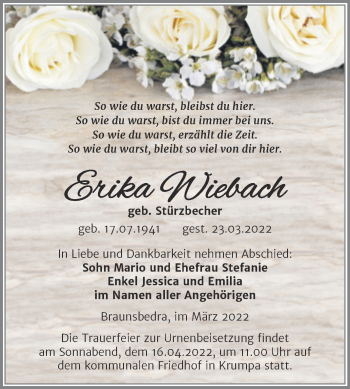 Traueranzeige von Erika Wiebach von Trauerkombi Merseburg