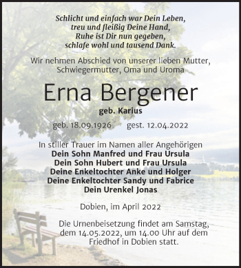 Traueranzeige von Erna Bergener von Trauerkombi Wittenberg