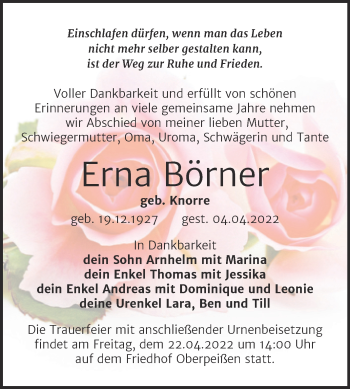 Traueranzeige von Erna Börner von Trauerkombi Bernburg