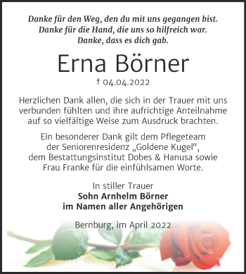 Traueranzeige von Erna Börner von Trauerkombi Bernburg