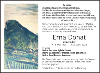 Traueranzeige von Erna Donat von Trauerkombi Quedlinburg