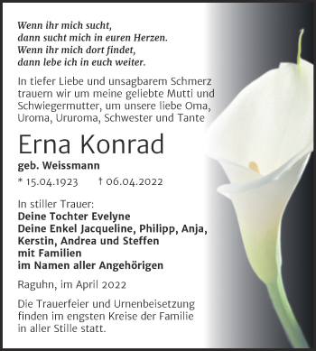Traueranzeige von Erna Konrad von Trauerkombi Bitterfeld