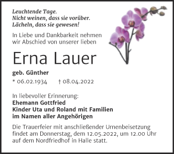 Traueranzeige von Erna Lauer von Mitteldeutsche Zeitung Halle/Saalkreis