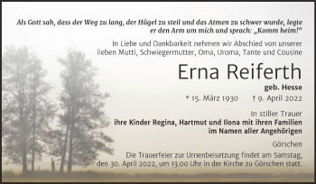 Traueranzeige von Erna Reiferth von Wochenspiegel Naumburg/Nebra
