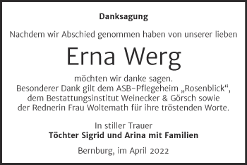 Traueranzeige von Erna Werg von Trauerkombi Bernburg