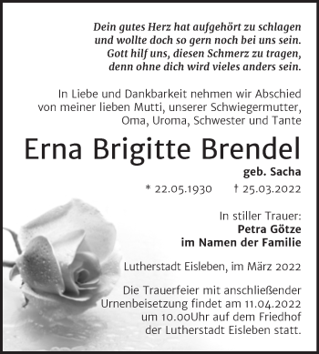 Traueranzeige von Erna Brigitte Brendel von Trauerkombi Mansfelder Land