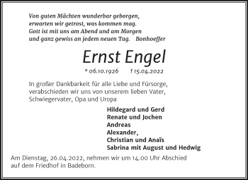 Traueranzeige von Ernst Engel von Trauerkombi Quedlinburg