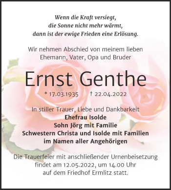Traueranzeige von Ernst Genthe von Trauerkombi Merseburg