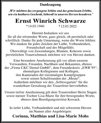 Traueranzeige von Ernst Winrich Schwarze von Trauerkombi Dessau