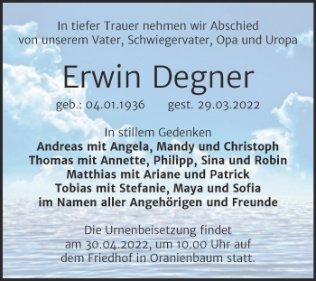 Traueranzeige von Erwin Degner von Trauerkombi Wittenberg