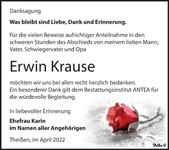 Traueranzeige von Erwin Krause von Trauerkombi Zeitz
