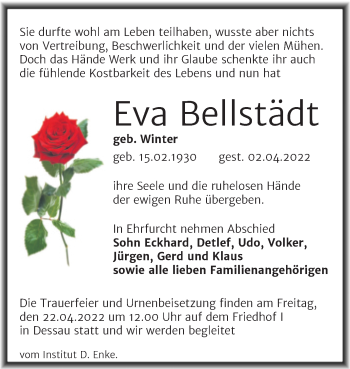 Traueranzeige von Eva Bellstädt von Trauerkombi Dessau