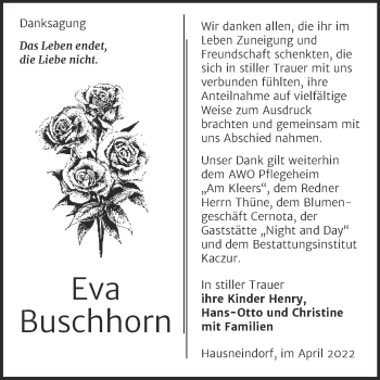 Traueranzeige von Eva Buschhorn von Trauerkombi Quedlinburg