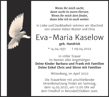 Traueranzeige von Eva-Maria Kaselow von Trauerkombi Wittenberg