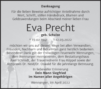 Traueranzeige von Eva Precht von Wochenspiegel Naumburg/Nebra