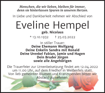 Traueranzeige von Eveline Hempel von Trauerkombi Weißenfels