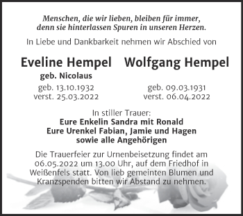 Traueranzeige von Eveline und Wolfgang Hempel von Trauerkombi Weißenfels
