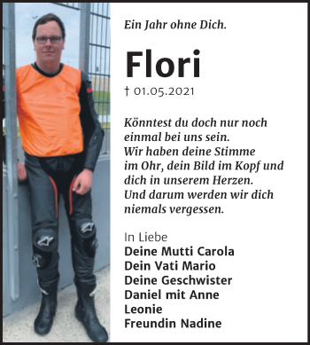 Traueranzeige von Flori  von Trauerkombi Mansfelder Land