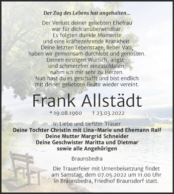 Traueranzeige von Frank Allstädt von Wochenspiegel Naumburg/Nebra