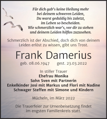 Traueranzeige von Frank Damerius von Trauerkombi Merseburg