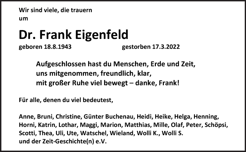  Traueranzeige für Frank Eigenfeld vom 02.04.2022 aus Mitteldeutsche Zeitung Halle/Saalkreis