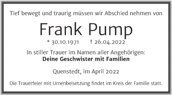 Traueranzeige von Frank Pump von Trauerkombi Mansfelder Land