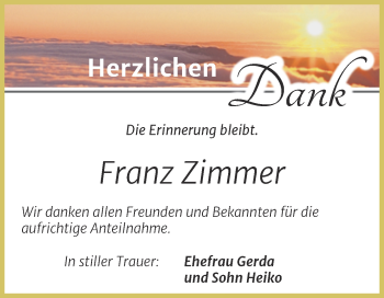 Traueranzeige von Franz Zimmer von Trauerkombi Bitterfeld