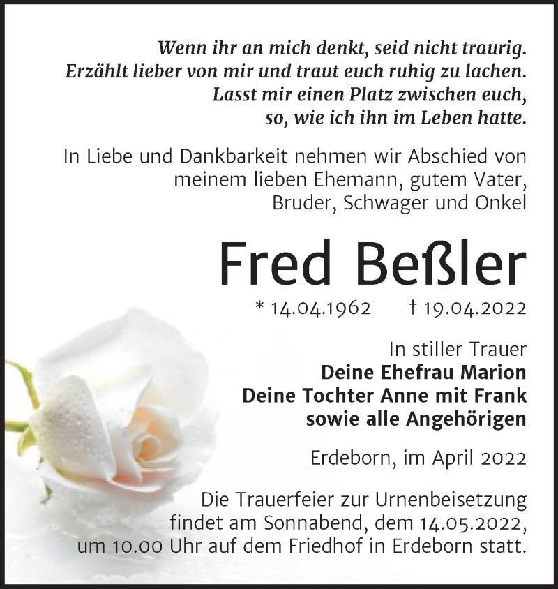  Traueranzeige für Fred Beßler vom 30.04.2022 aus Trauerkombi Mansfelder Land