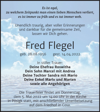 Traueranzeige von Fred Flegel von Trauerkombi Köthen