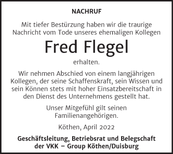 Traueranzeige von Fred Flegel von Mitteldeutsche Zeitung Köthen