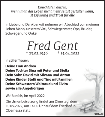 Traueranzeige von Fred Gent von Trauerkombi Weißenfels