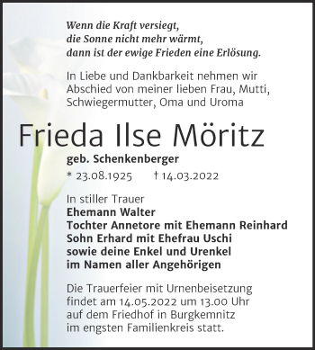 Traueranzeige von Frieda Ilse Möritz von Trauerkombi Bitterfeld