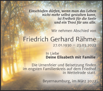 Traueranzeige von Friedrich Gerhard Rähme von Trauerkombi Sangerhausen
