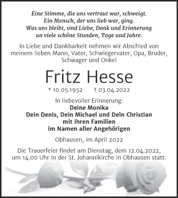 Traueranzeige von Fritz Hesse von Trauerkombi Merseburg